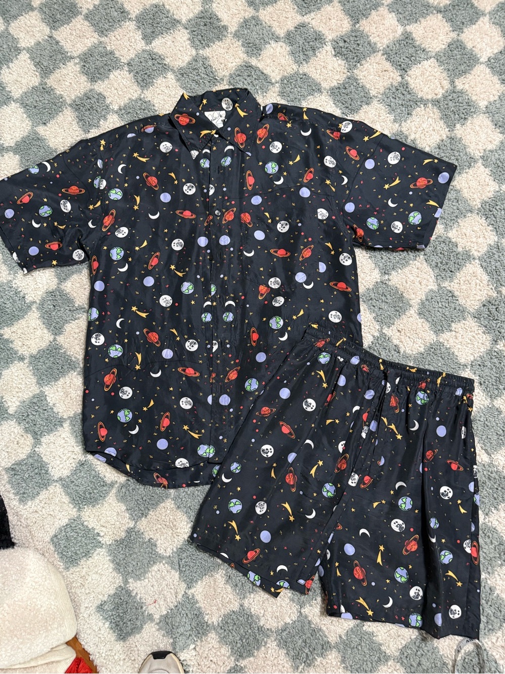 David Khazzam Davco vintage 100% silk 2 piece unisex shorts set celestial print